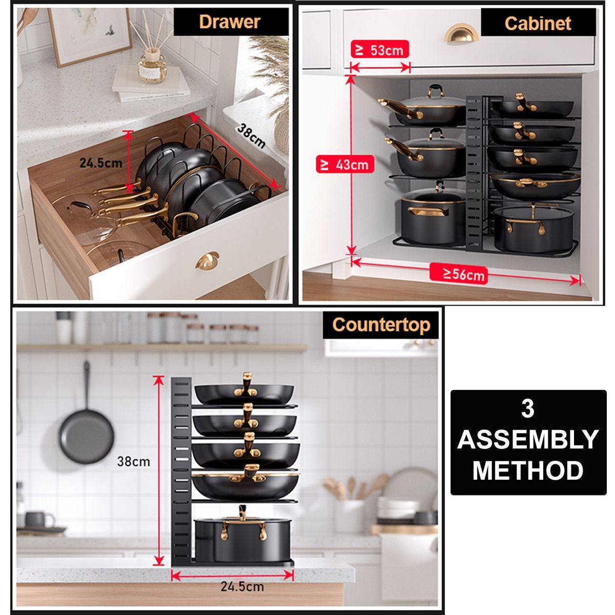 Cart In Mart 8 Tier Pot And Pan Organiser Rack Adjustable Under Or In Cabinet- 3 Methods