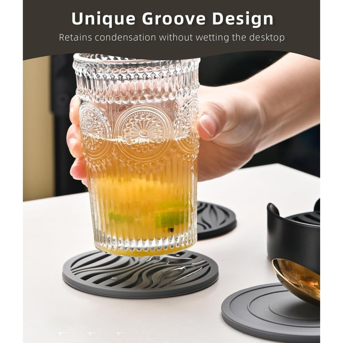 Cart In Mart 6 Pack Silicone Coasters Set With Holder For Drink Cup Barware - Grey