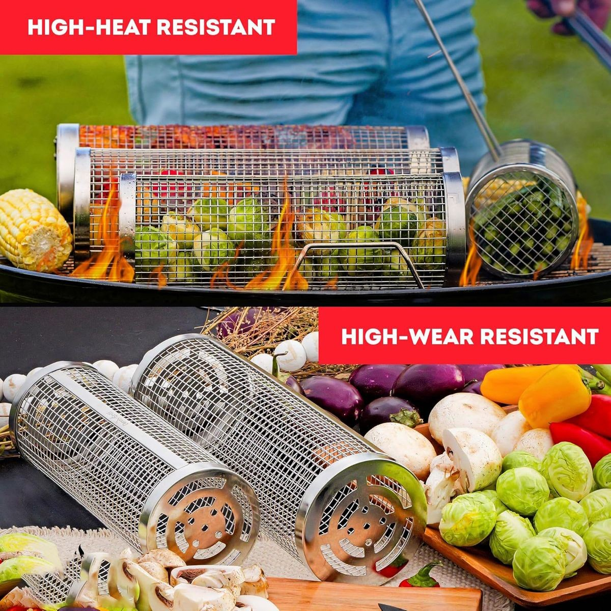 Cart In Mart 2 Pack BBQ Rolling Grill Baskets For Braai Grilling Wooden Handle-Men Gift