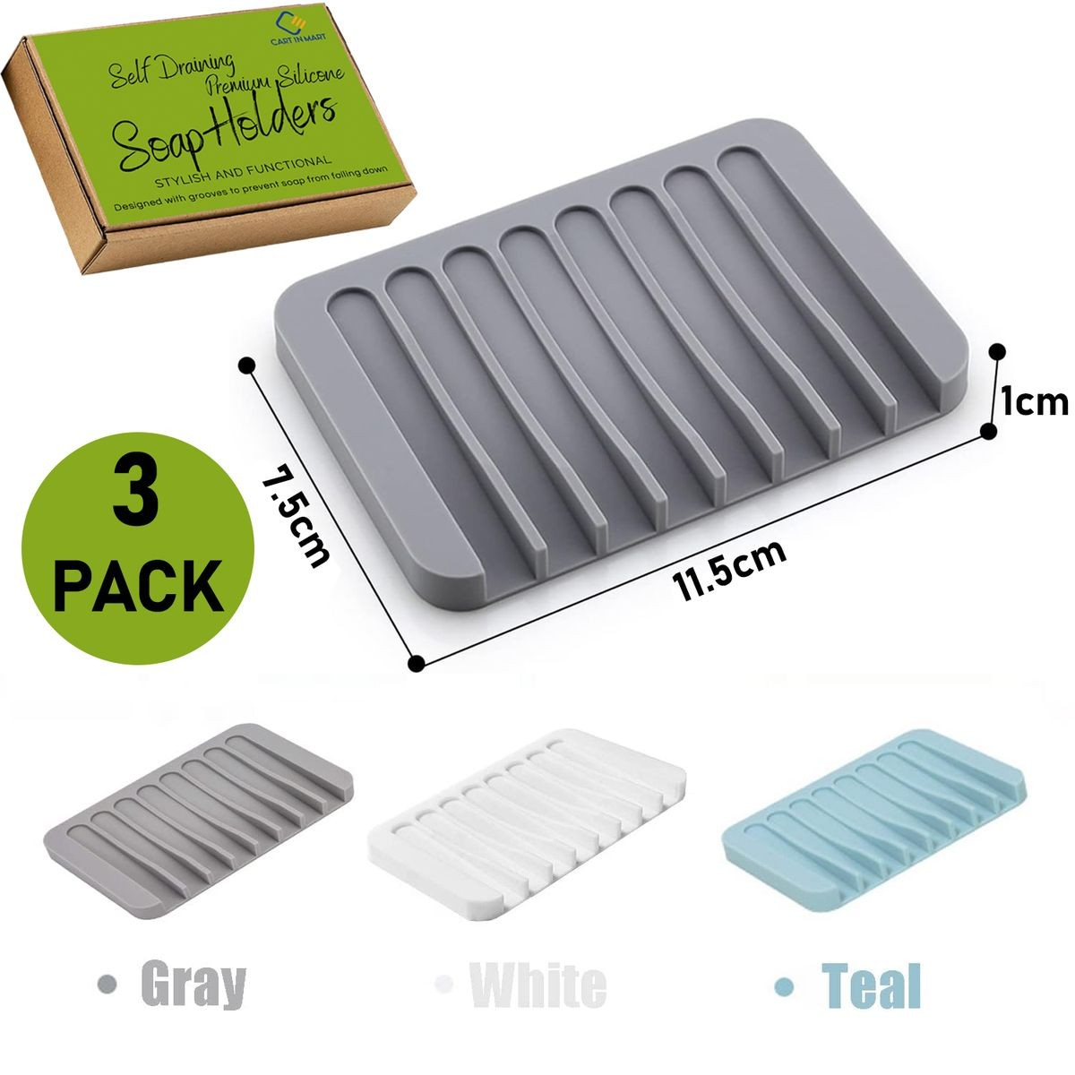 Cart In Mart 3 Piece Self Draining Premium Silicone Soap Holder Dish For Bathroom Kitchen