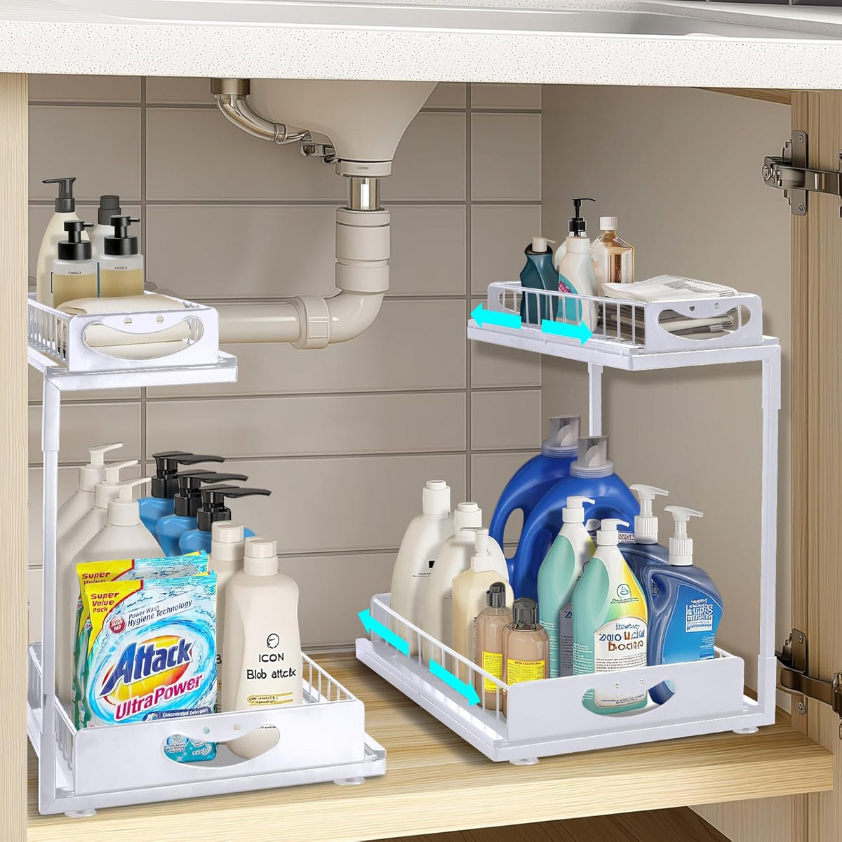 Cart In Mart 2-Pack Under Sink Organiser Kitchen Bathroom Pull Out Storage Shelves-White