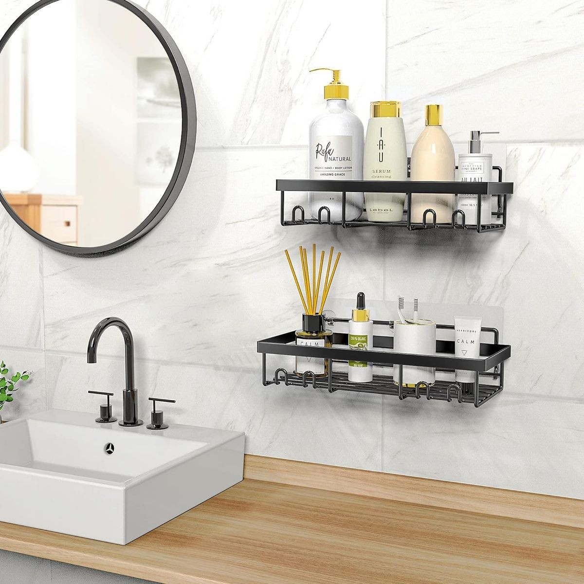Cart In Mart Adhesive Shower Caddy No Drill Organiser with 2 Soap Holder, Hooks - 6 Piece