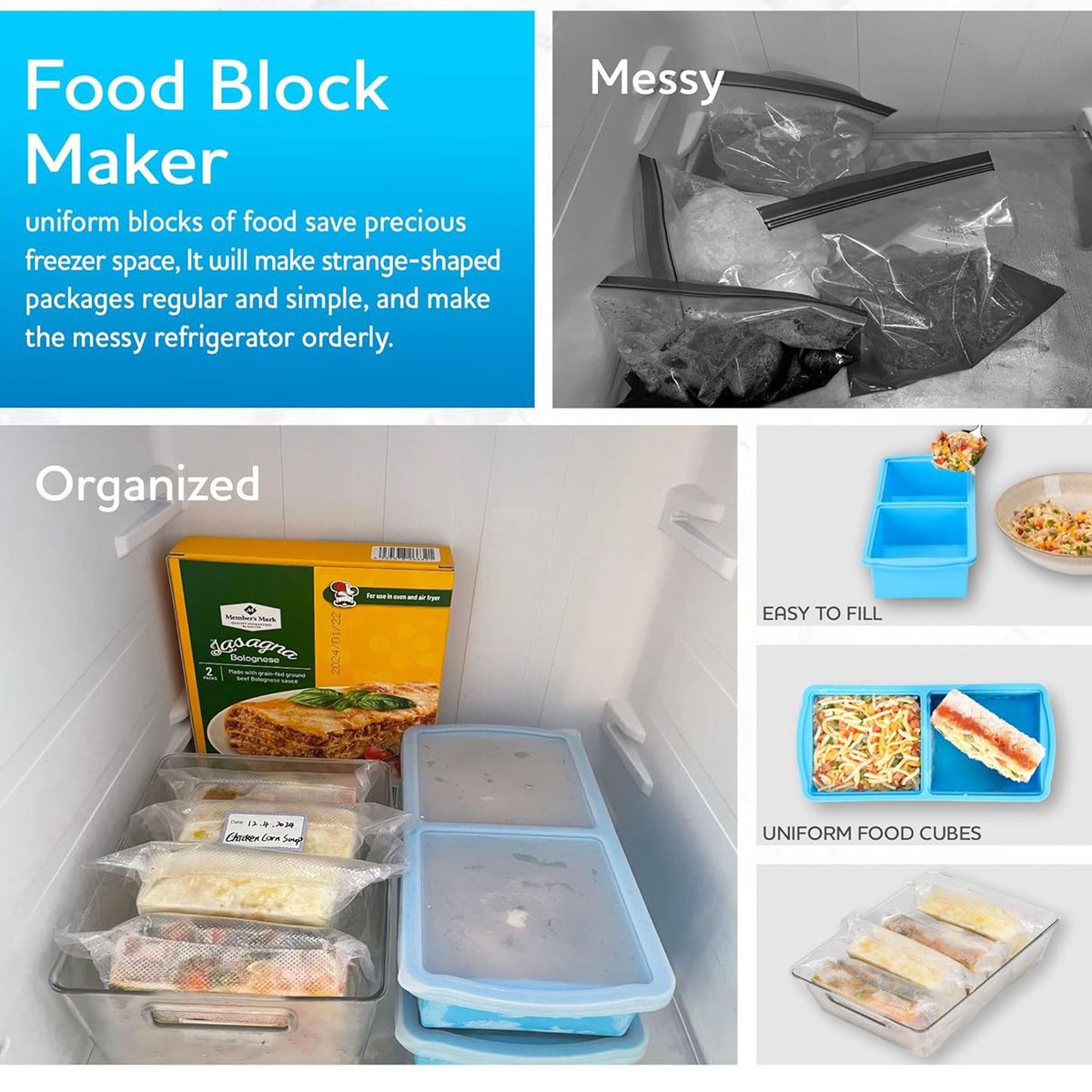 Cart In Mart 2 Pack Silicone Freezer Tray with Lid 2-Cup Portion Cube Mould for Food