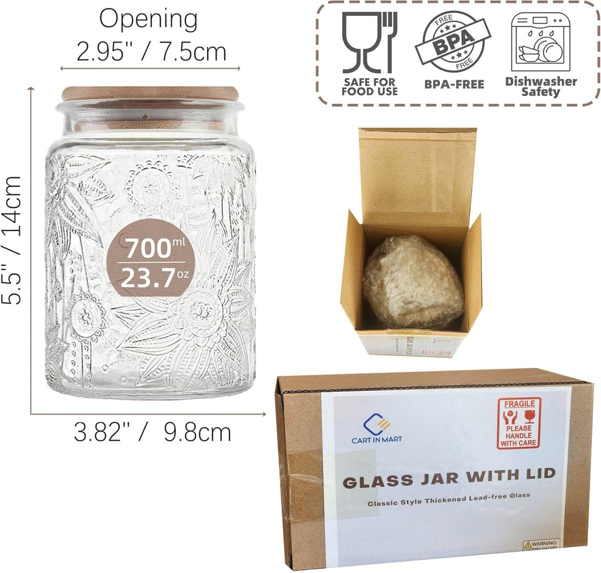 Cart In Mart Vintage Storage Glass Jar Wooden Lid Safe and Dishwasher Safe 700ml