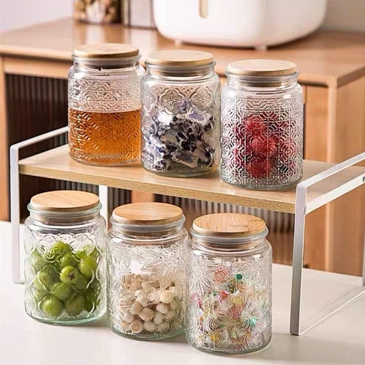 Cart In Mart Vintage Storage Glass Jar Wooden Lid Safe and Dishwasher Safe 700ml