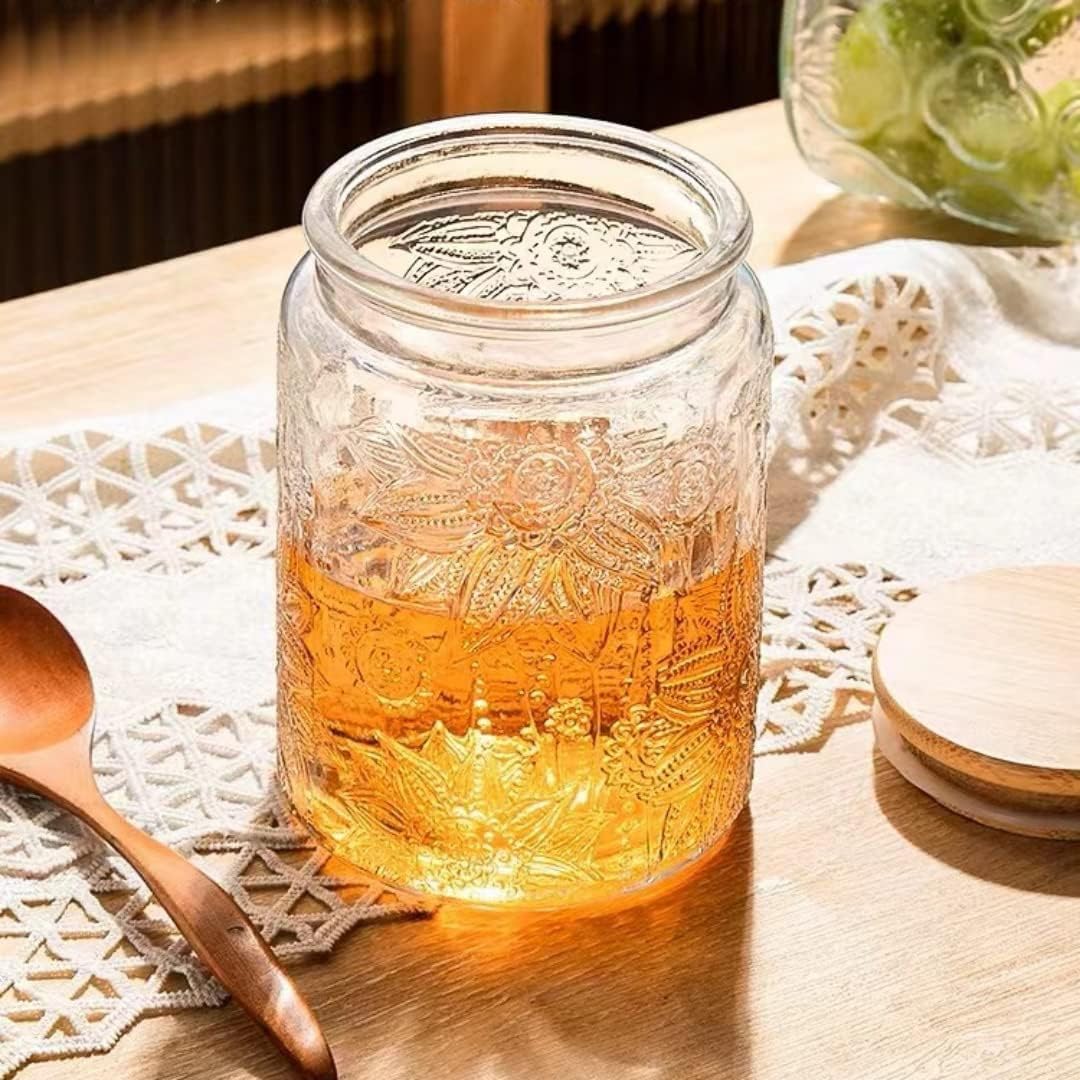 Cart In Mart Vintage Storage Glass Jar Wooden Lid Safe and Dishwasher Safe 700ml