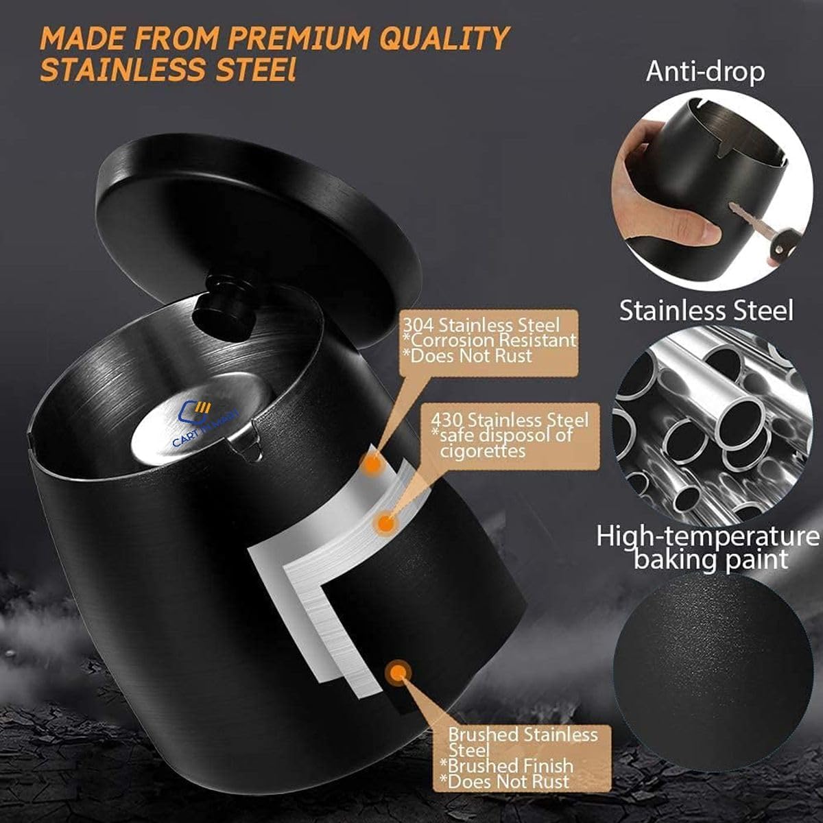 Cart In Mart Ashtray With Lid For Cigarette Stainless Steel Smokeless Odorless Windproof - L
