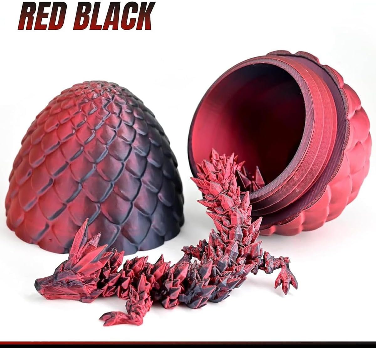 Cart In Mart 3D Printed Dragon Egg - Articulated Crystal Dragon Inside Fantasy Fidget Toy - Red, Black