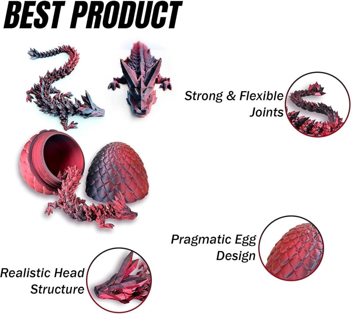 Cart In Mart 3D Printed Dragon Egg - Articulated Crystal Dragon Inside Fantasy Fidget Toy - Red, Black
