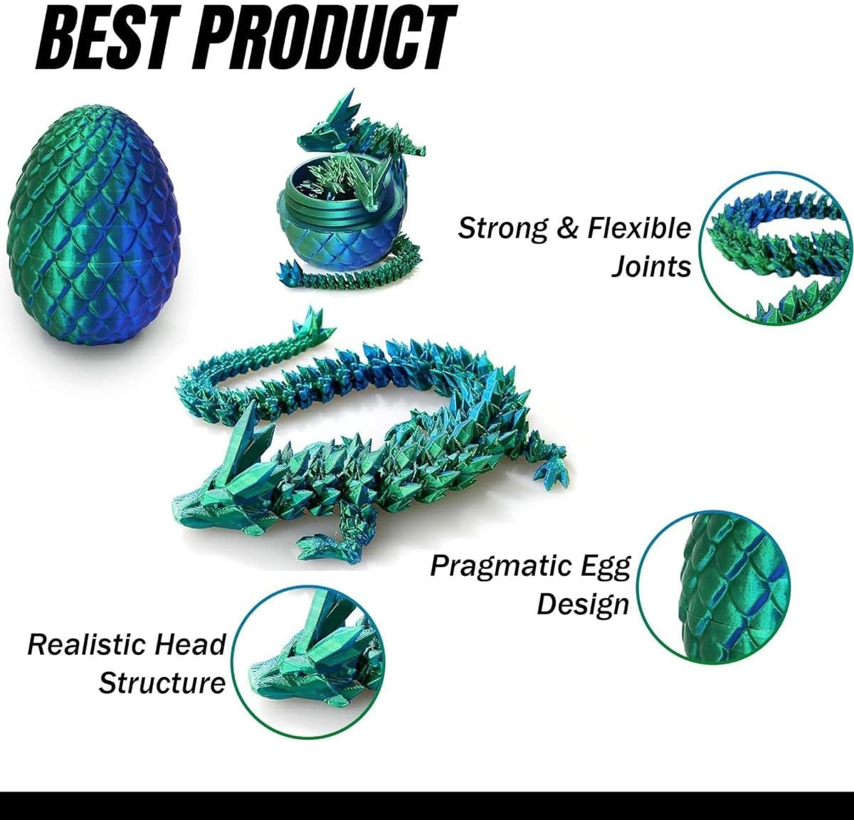 Cart In Mart 3D Printed Dragon Egg - Articulated Crystal Dragon Inside Fantasy Fidget Toy - Green, Blue
