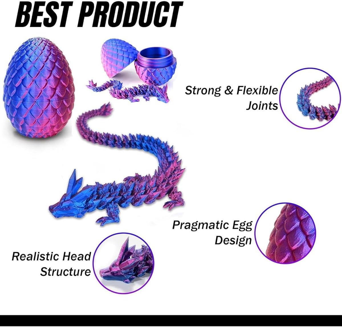 Cart In Mart 3D Printed Dragon Egg - Articulated Crystal Dragon Inside Fantasy Fidget Toy - Purple, Blue