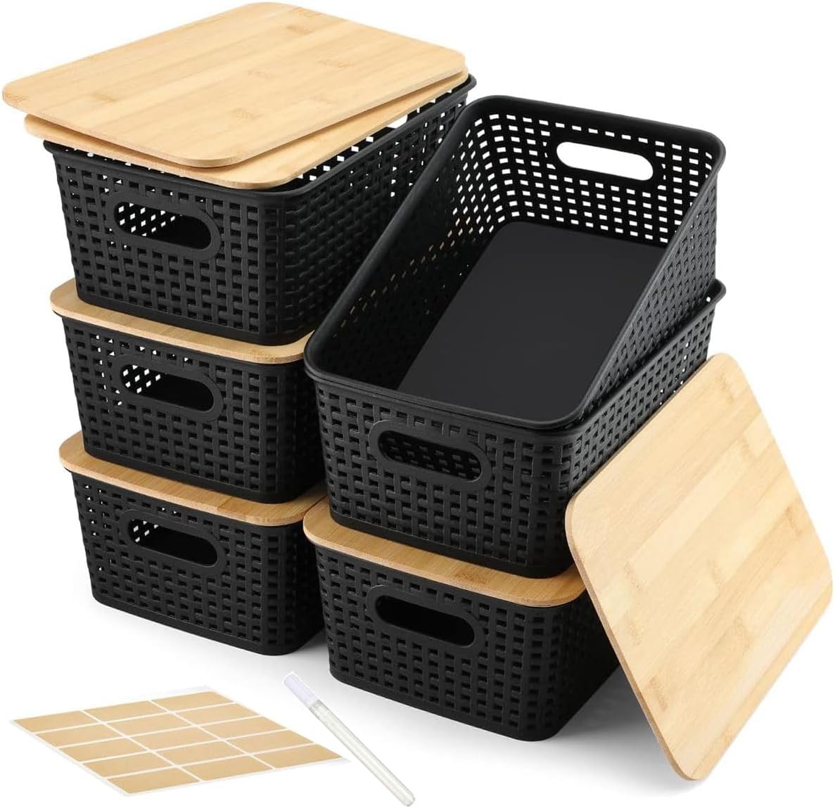 Cart In Mart Storage Bins with Bamboo Lids Stackable Organizing Boxes for Office Bedroom
