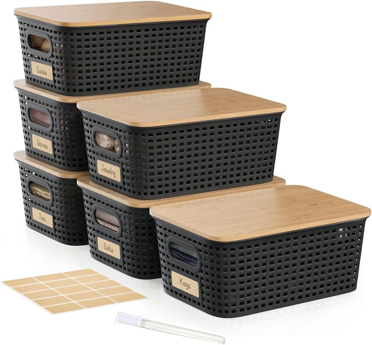 Cart In Mart Storage Bins with Bamboo Lids Stackable Organizing Boxes for Office Bedroom