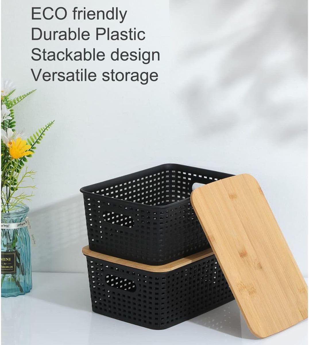 Cart In Mart Storage Bins with Bamboo Lids Stackable Organizing Boxes for Office Bedroom