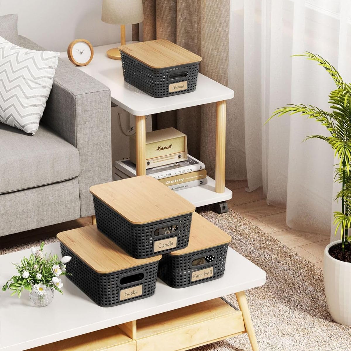 Cart In Mart Storage Bins with Bamboo Lids Stackable Organizing Boxes for Office Bedroom