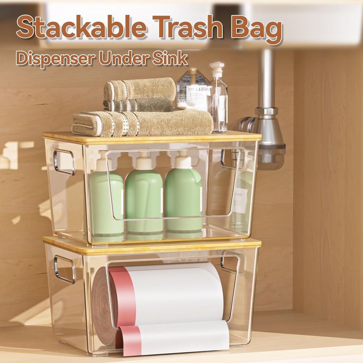 Cart In Mart Pantry & Kitchen Storage Organizers with Bamboo Lids Stackable Clear Bins