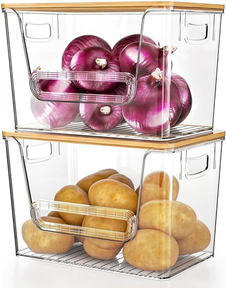 Cart In Mart Pantry & Kitchen Storage Organizers with Bamboo Lids Stackable Clear Bins