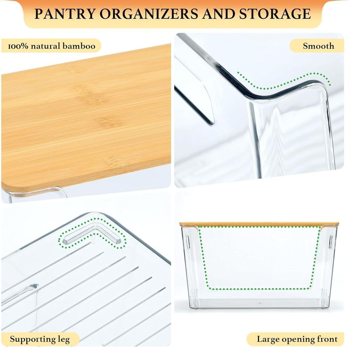 Cart In Mart Pantry & Kitchen Storage Organizers with Bamboo Lids Stackable Clear Bins