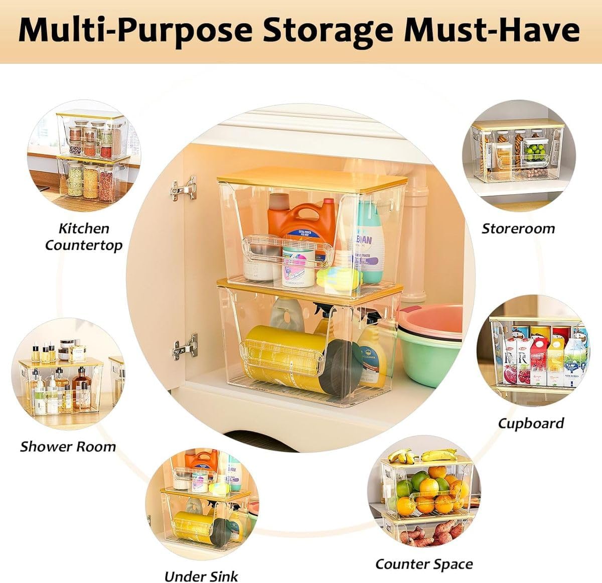Cart In Mart Pantry & Kitchen Storage Organizers with Bamboo Lids Stackable Clear Bins