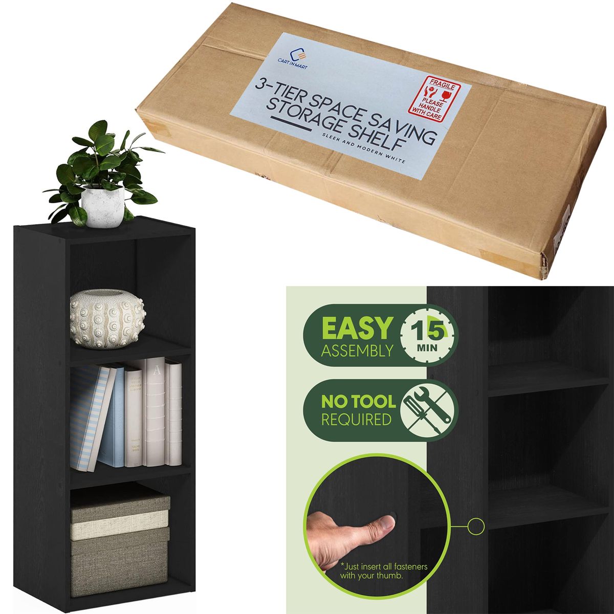 Cart In Mart 3 Cube Storage Organizer Shelves Stackable Wood Bookcase Fits Cubby Bins - Black