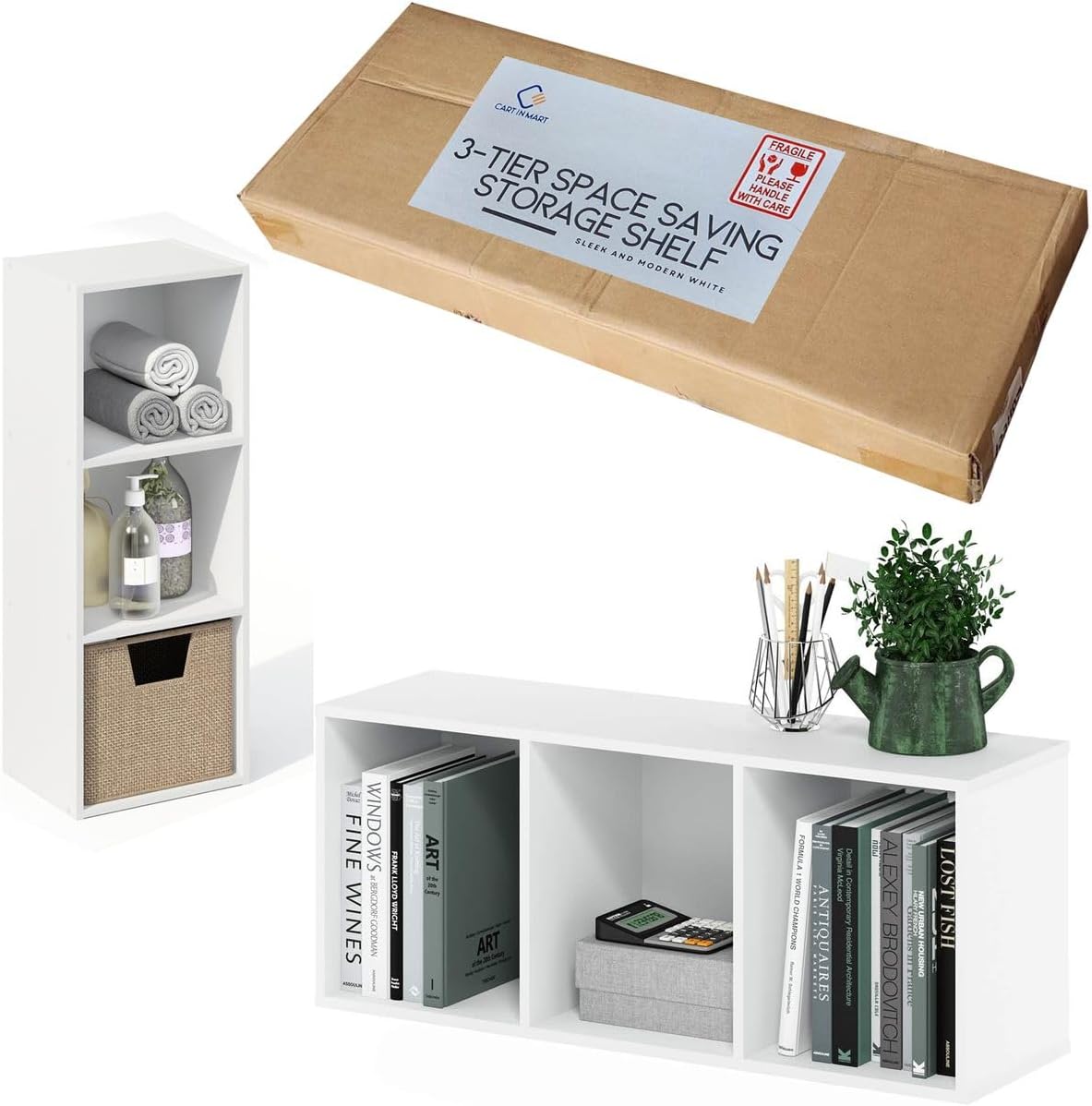 Cart In Mart 3 Cube Storage Organizer Shelves Stackable Wood Bookcase Fits Cubby Bins - White