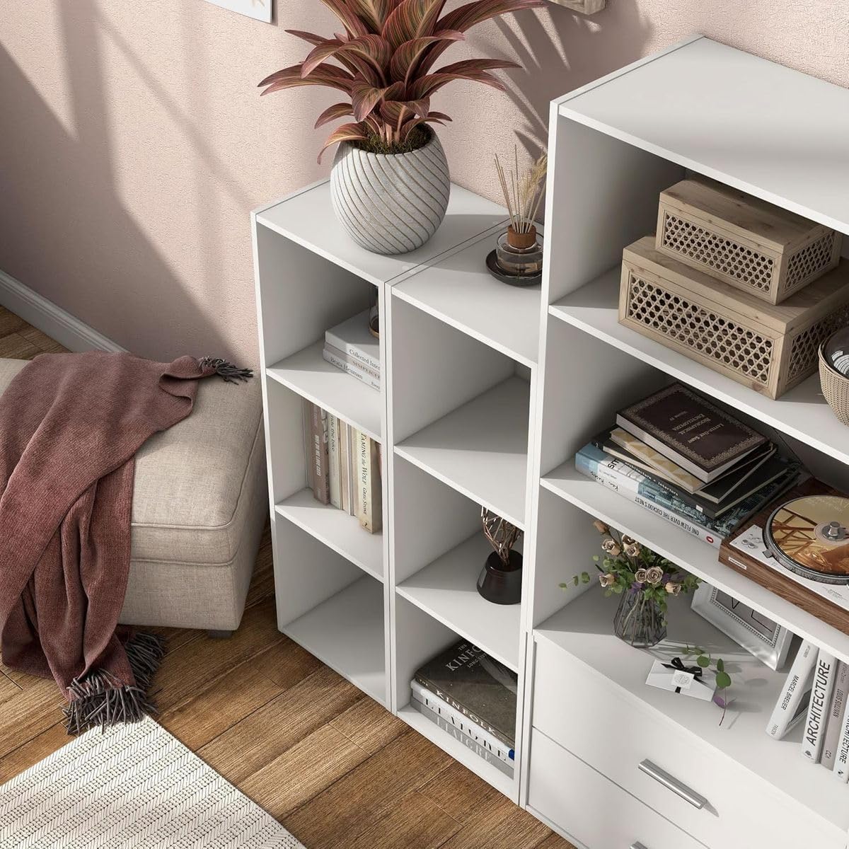 Cart In Mart 3 Cube Storage Organizer Shelves Stackable Wood Bookcase Fits Cubby Bins - White