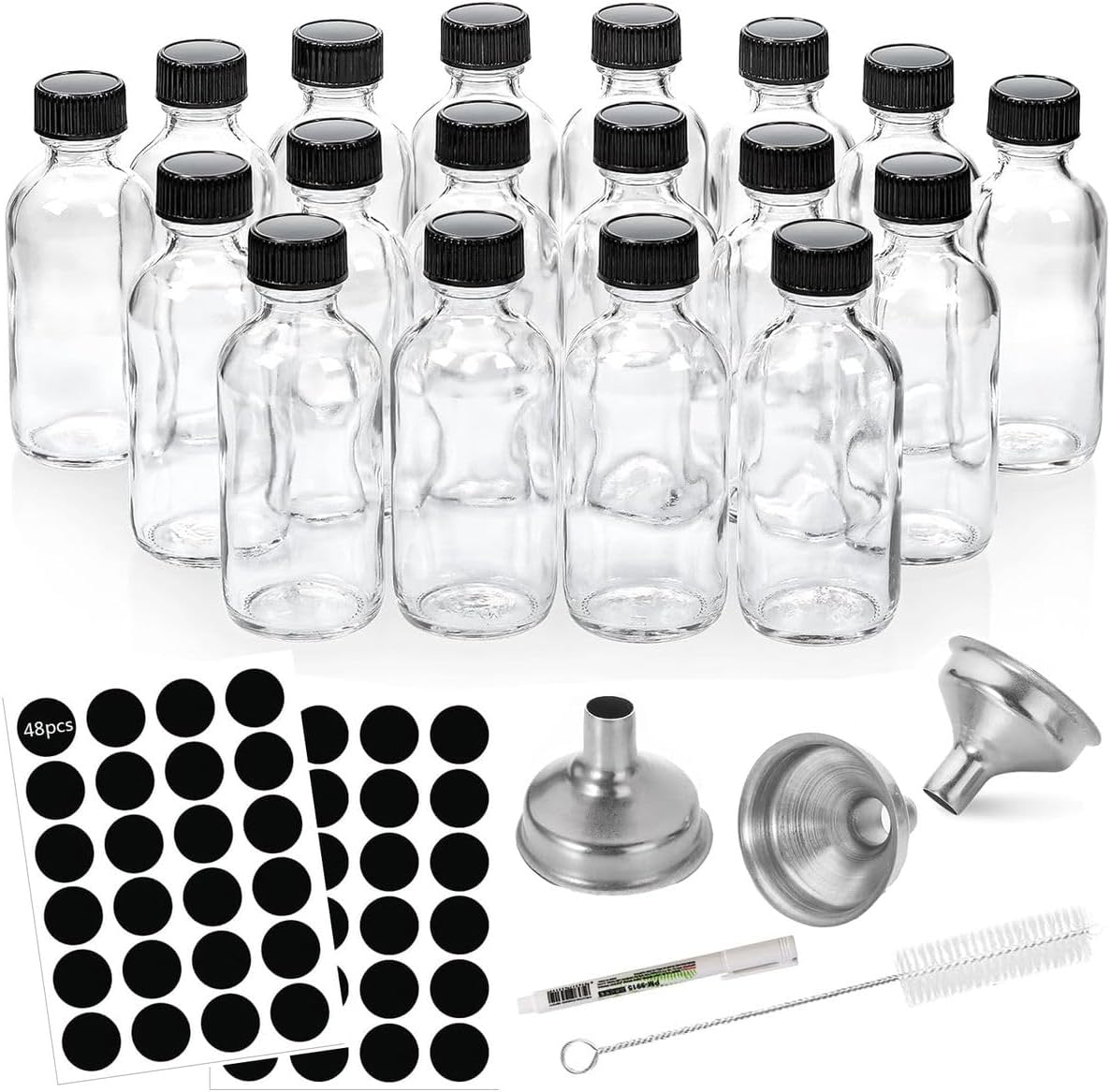 Cart In Mart 18 Pack Clear Glass Bottles Lids And Steel Funnels Boston Round Travel 60ml
