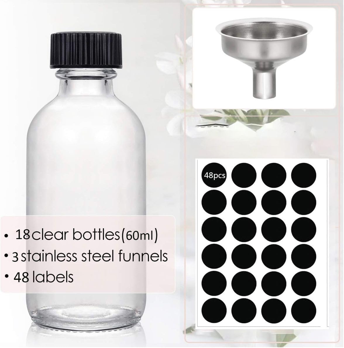 Cart In Mart 18 Pack Clear Glass Bottles Lids And Steel Funnels Boston Round Travel 60ml