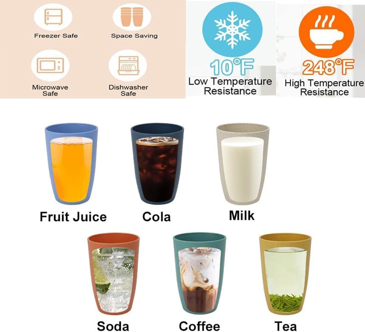 Cart In Mart 6Pack Wheat Straw Glasses Reusable Unbreakable Drinking Cup Dishwasher Safe