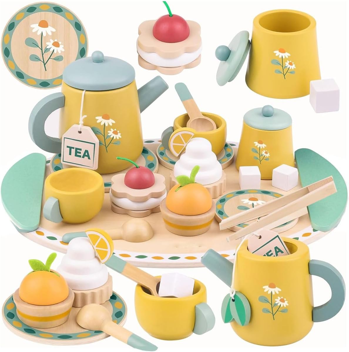 Cart In Mart 20 Piece Wooden Pretend Play Tea Set For Toddler Party Food Kitchen Toys