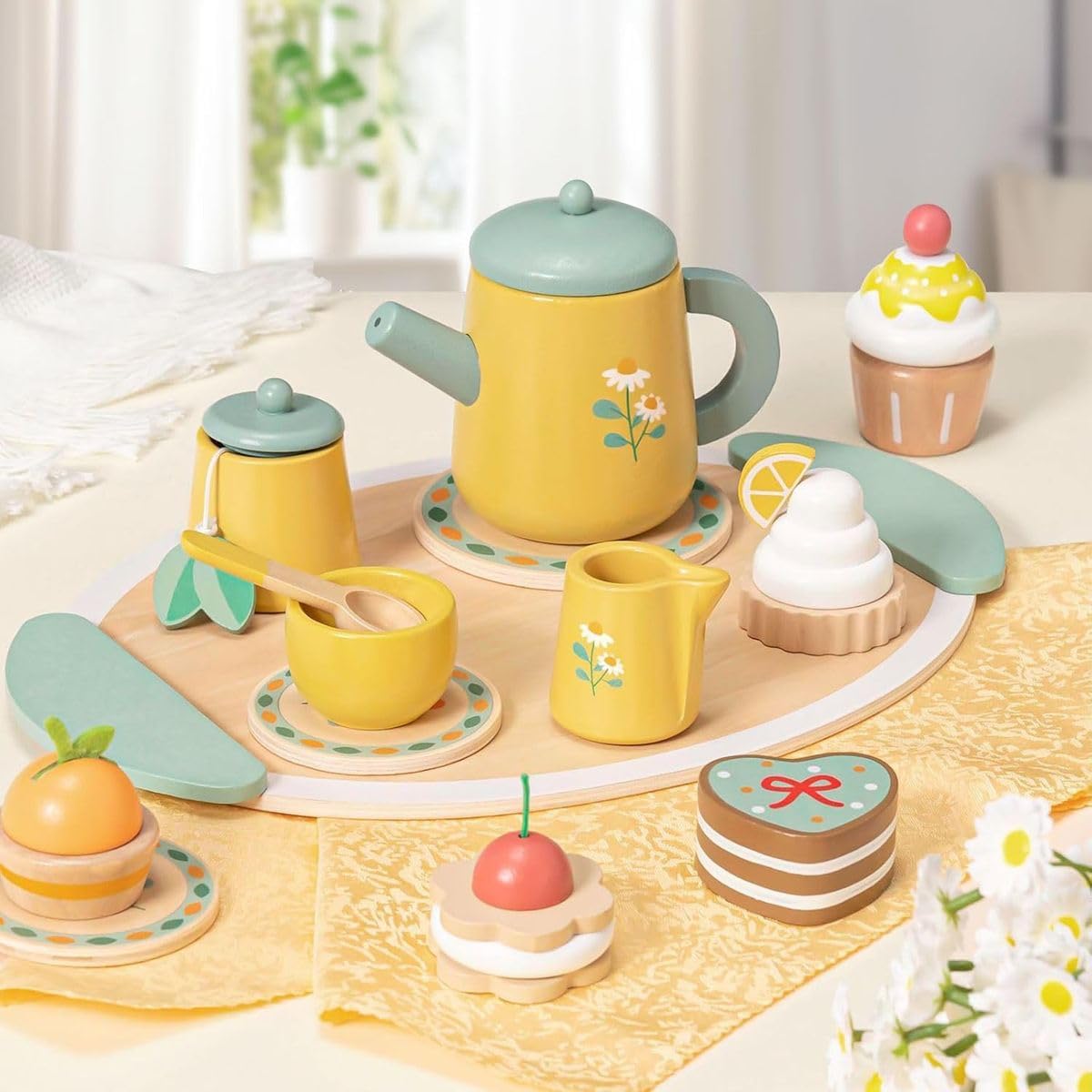 Cart In Mart 20 Piece Wooden Pretend Play Tea Set For Toddler Party Food Kitchen Toys