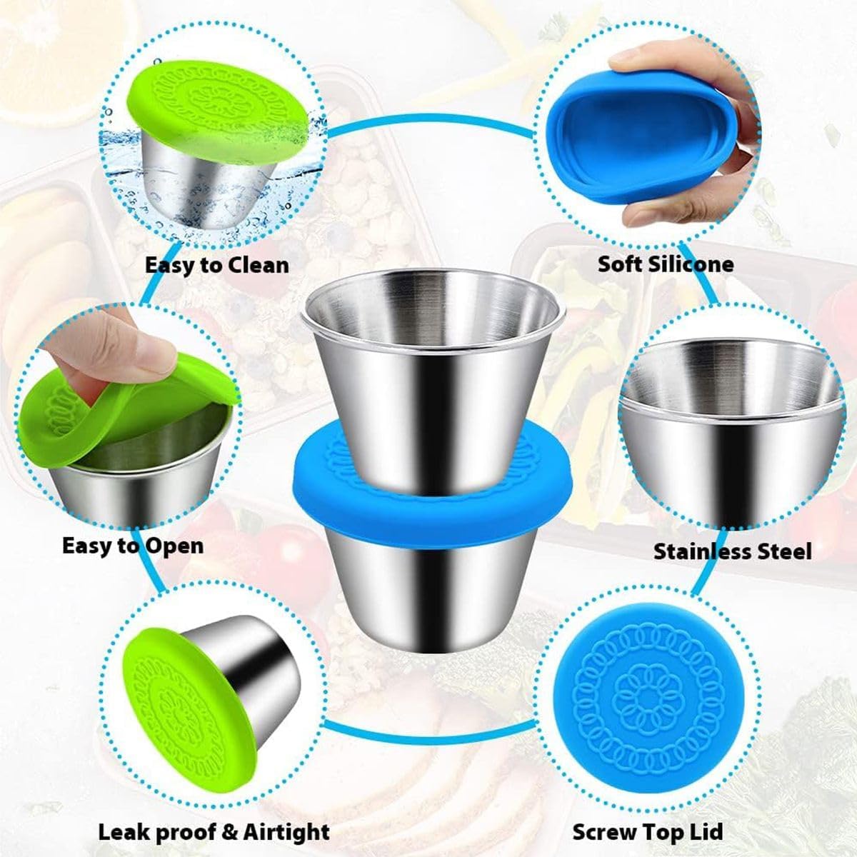 Cart In Mart 8 Pack Condiment Containers with Lids Reusable Stainless Steel Sauce Cups
