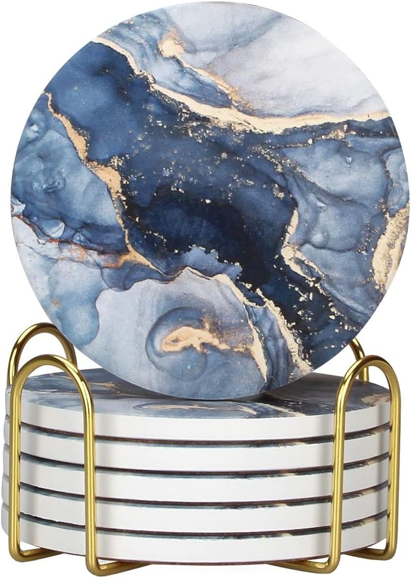 Cart In Mart 6 Pack Ceramic Absorbent Drink Coasters Navy Blue Marble with Metal Holder