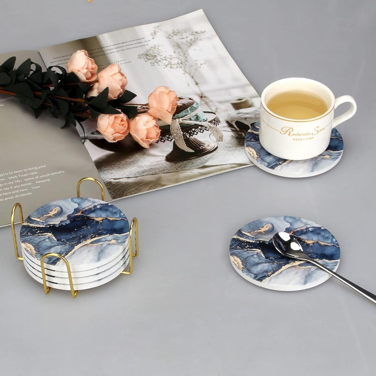 Cart In Mart 6 Pack Ceramic Absorbent Drink Coasters Navy Blue Marble with Metal Holder