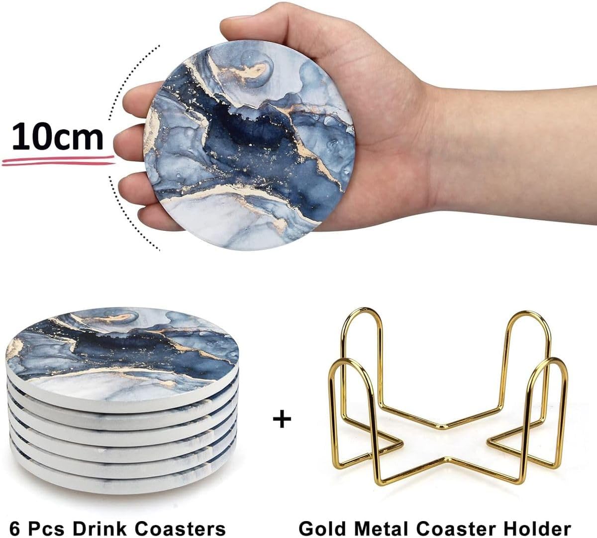 Cart In Mart 6 Pack Ceramic Absorbent Drink Coasters Navy Blue Marble with Metal Holder