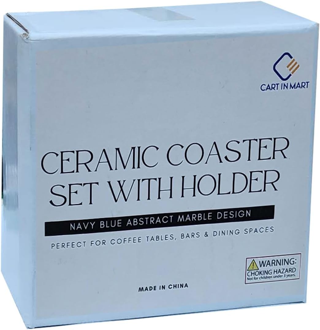 Cart In Mart 6 Pack Ceramic Absorbent Drink Coasters Navy Blue Marble with Metal Holder
