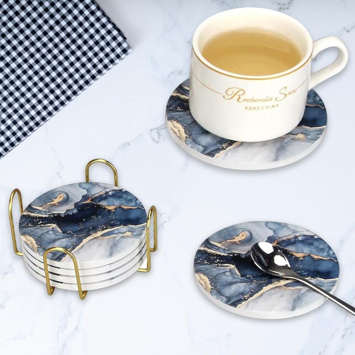 Cart In Mart 6 Pack Ceramic Absorbent Drink Coasters Navy Blue Marble with Metal Holder