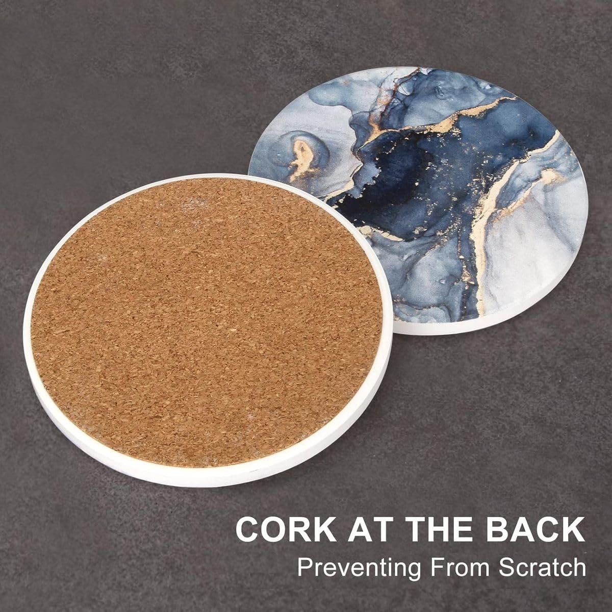 Cart In Mart 6 Pack Ceramic Absorbent Drink Coasters Navy Blue Marble with Metal Holder