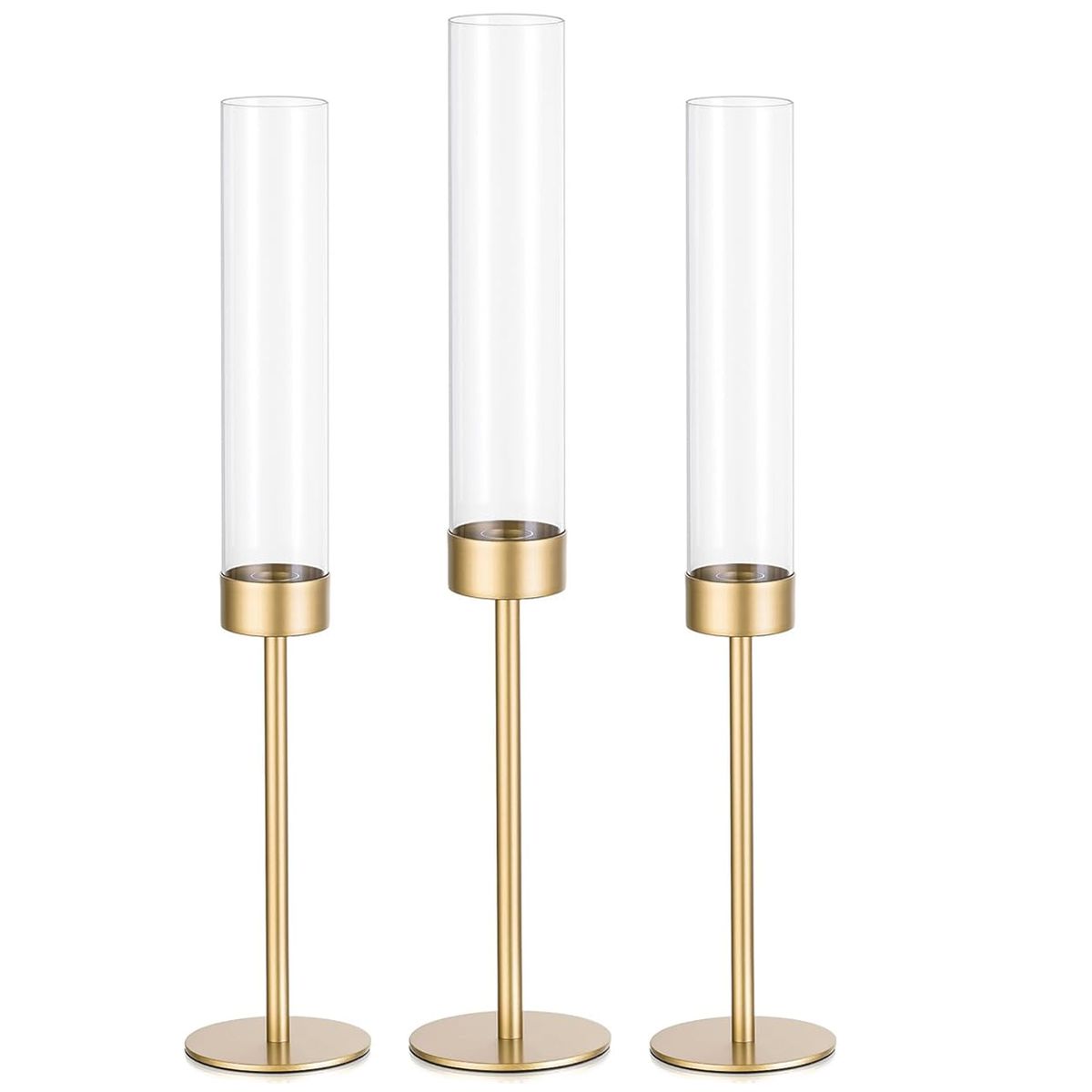 Cart In Mart 3 Piece Gold Hurricane Candle Holders Tall Brass & Glass Taper Candle Holders