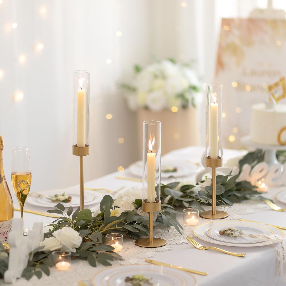 Cart In Mart 3 Piece Gold Hurricane Candle Holders Tall Brass & Glass Taper Candle Holders
