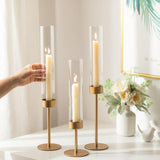 Cart In Mart 3 Piece Gold Hurricane Candle Holders Tall Brass & Glass Taper Candle Holders