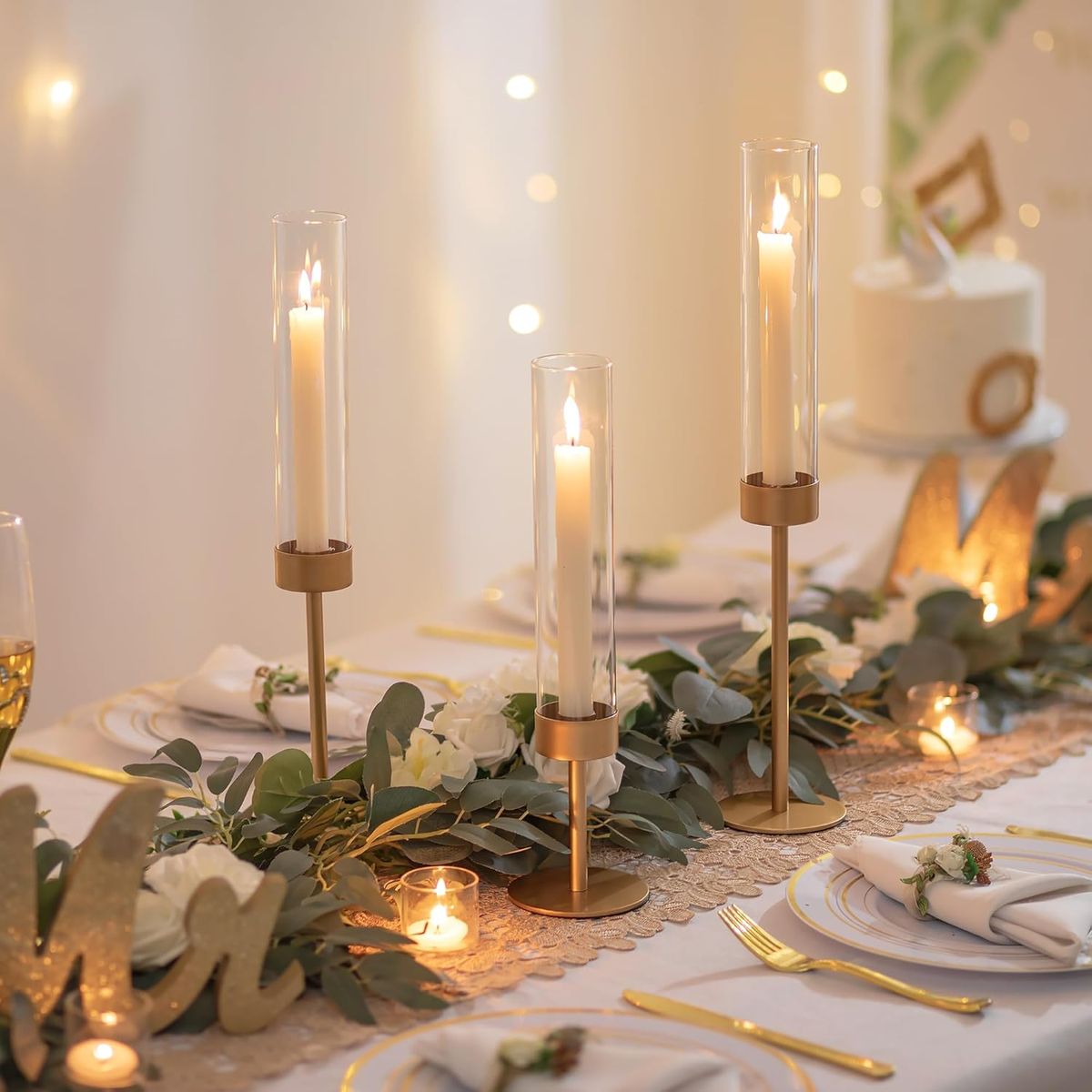 Cart In Mart 3 Piece Gold Hurricane Candle Holders Tall Brass & Glass Taper Candle Holders