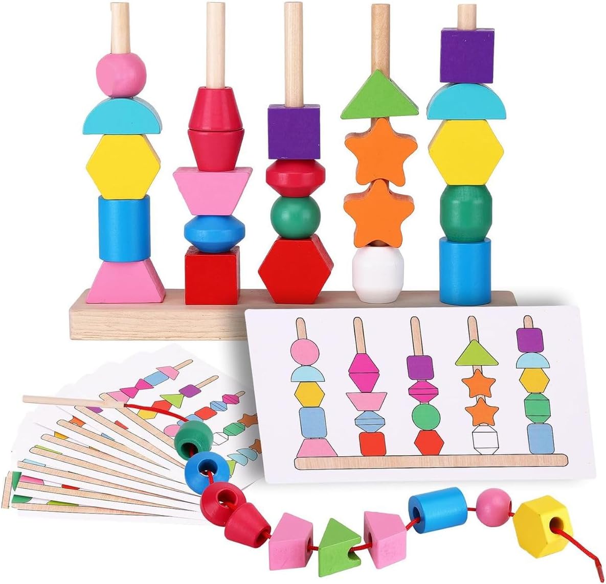 Cart In Mart Montessori Bead Sequencing Toy Set, Wooden Stacking Blocks for Kids