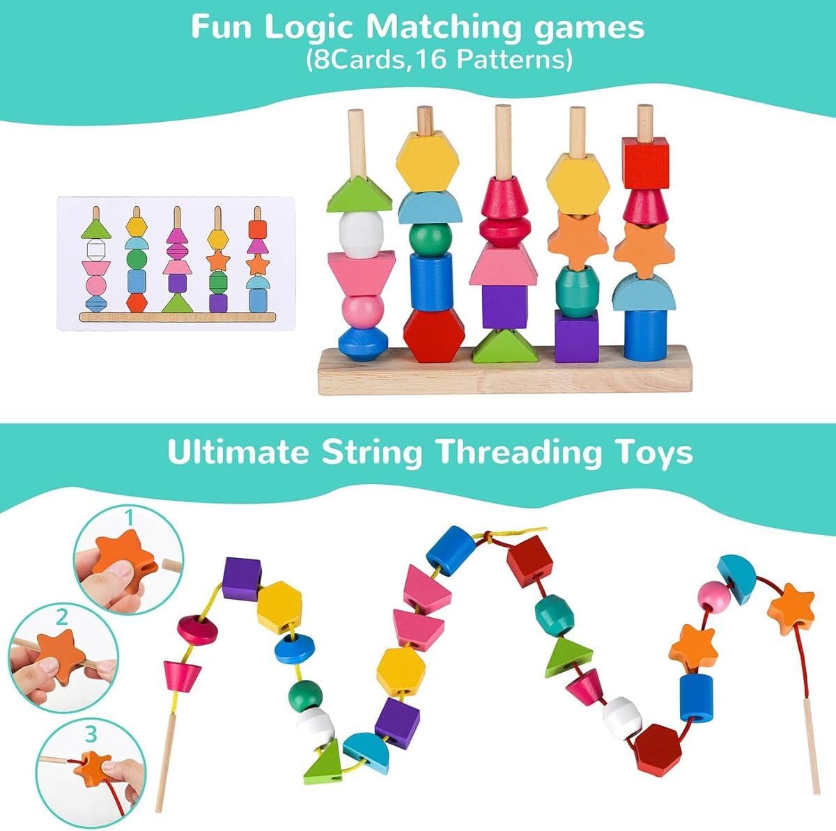 Cart In Mart Montessori Bead Sequencing Toy Set, Wooden Stacking Blocks for Kids