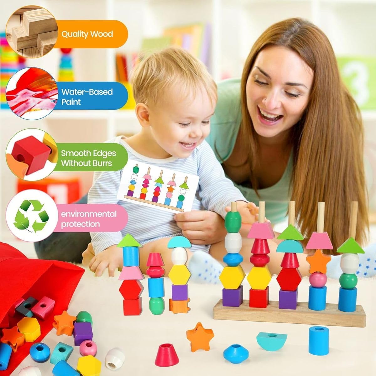 Cart In Mart Montessori Bead Sequencing Toy Set, Wooden Stacking Blocks for Kids
