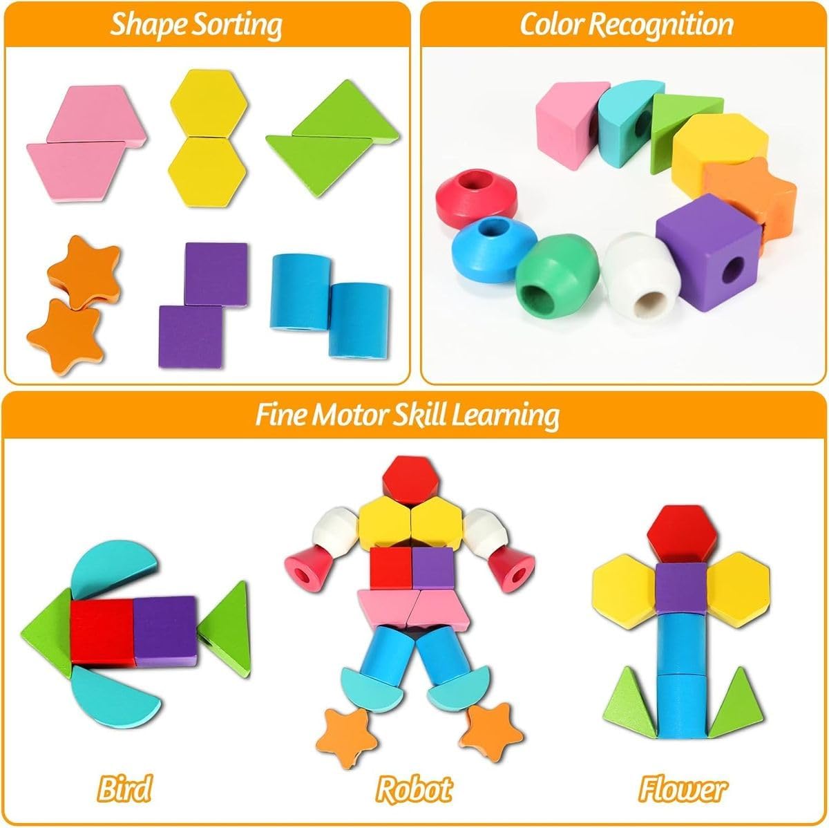 Cart In Mart Montessori Bead Sequencing Toy Set, Wooden Stacking Blocks for Kids