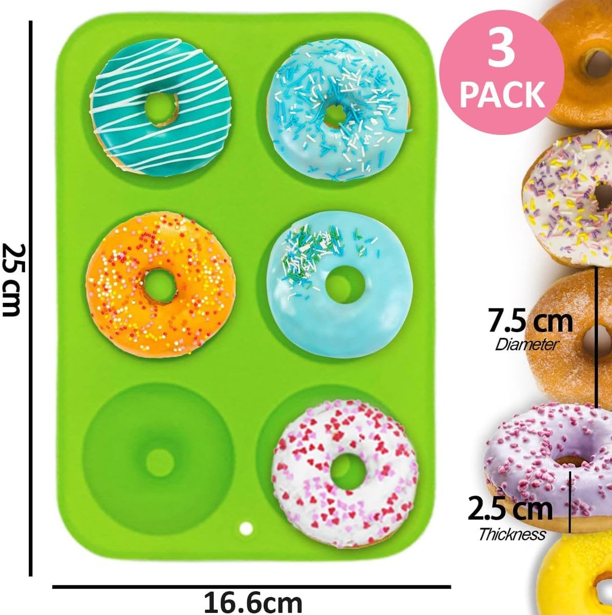 Cart In Mart 3 Pack Silicone Donut Molds Non-Stick Food Grade Reusable Baking Pans