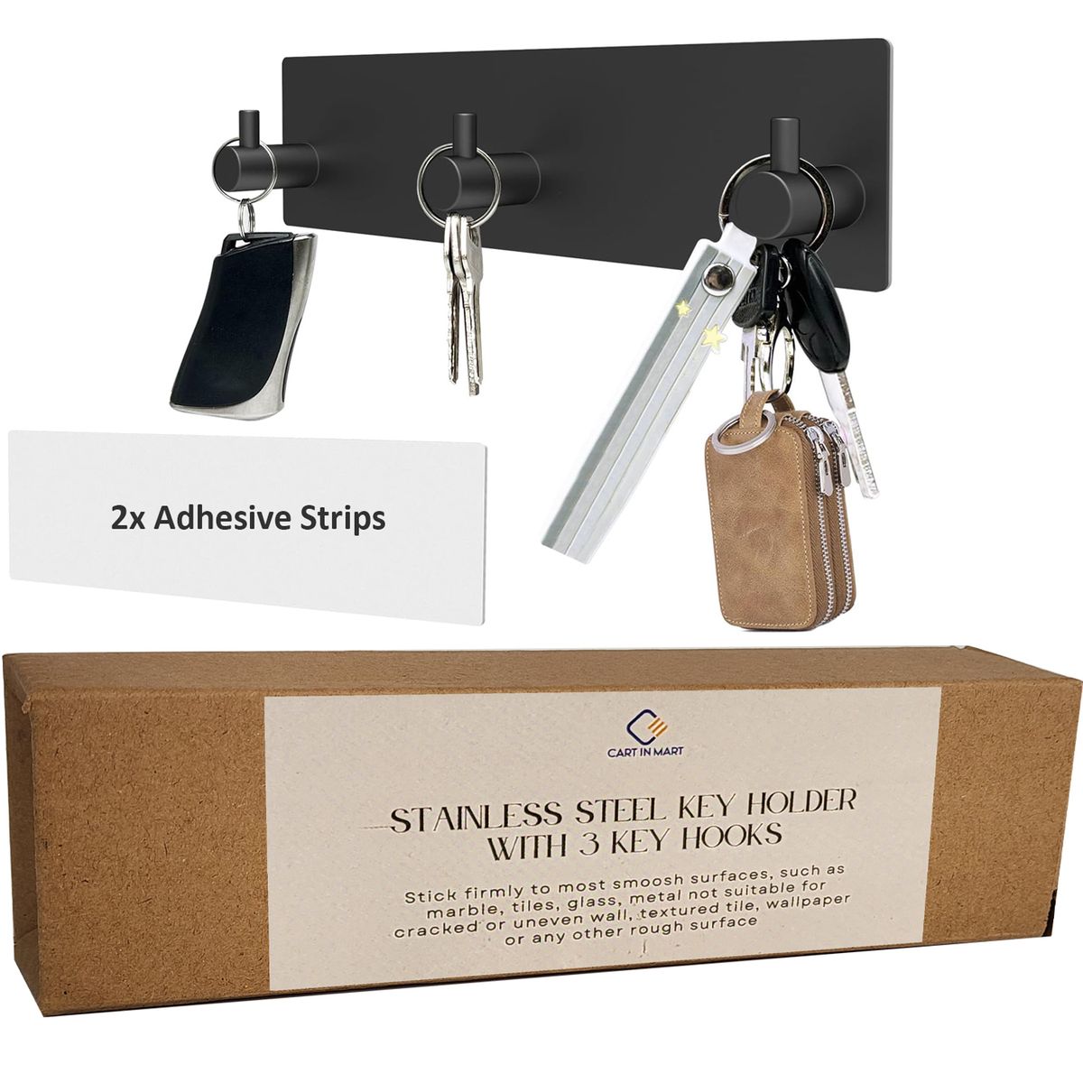 Cart In Mart 3 Hooks Key Holder Self-Adhesive Stainless Steel Matte Black Wall Mount