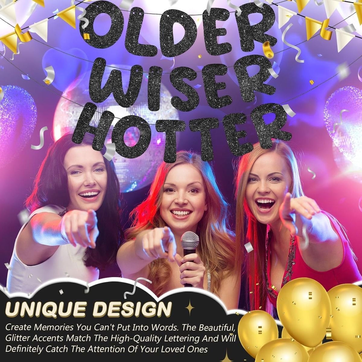 Cart In Mart Older Wiser Hotter Glitter Birthday Banner Sparkly Sign Party Decorations