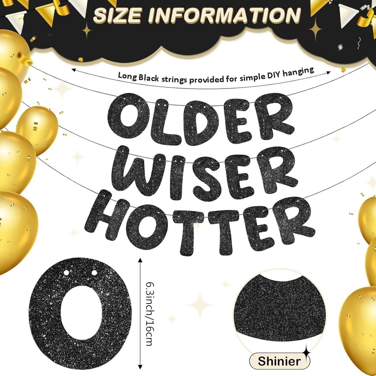 Cart In Mart Older Wiser Hotter Glitter Birthday Banner Sparkly Sign Party Decorations